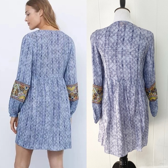 Anthropologie Bhanuni Jyoti Linne Embroidered Tunic Dress Blue Boho Size XS - Picture 2 of 16